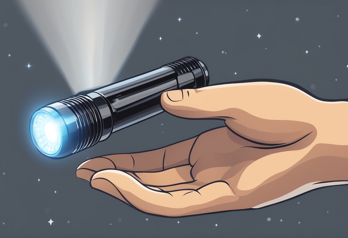 A hand holding a starry LED torch light with the beam shining brightly, showcasing its compact size and powerful illumination