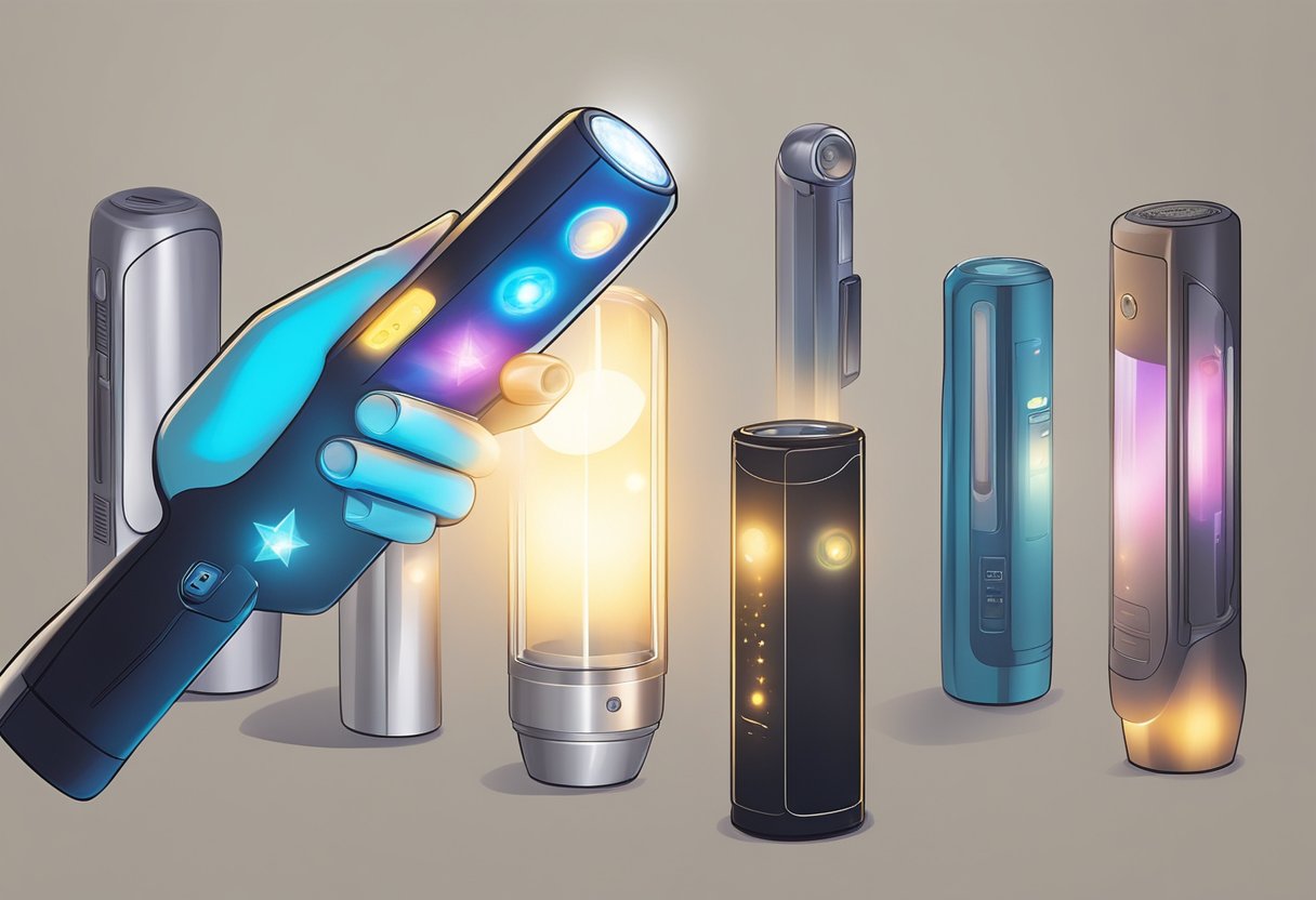 A hand reaches out to select a starry LED torch light from a display of corporate gifts. The torch emits a soft, ambient glow, creating a warm and inviting atmosphere