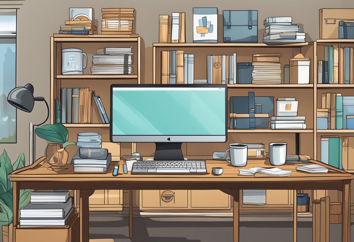 A desk with a computer, pen, and notepad. Shelves display various gift items like mugs, notebooks, and branded merchandise