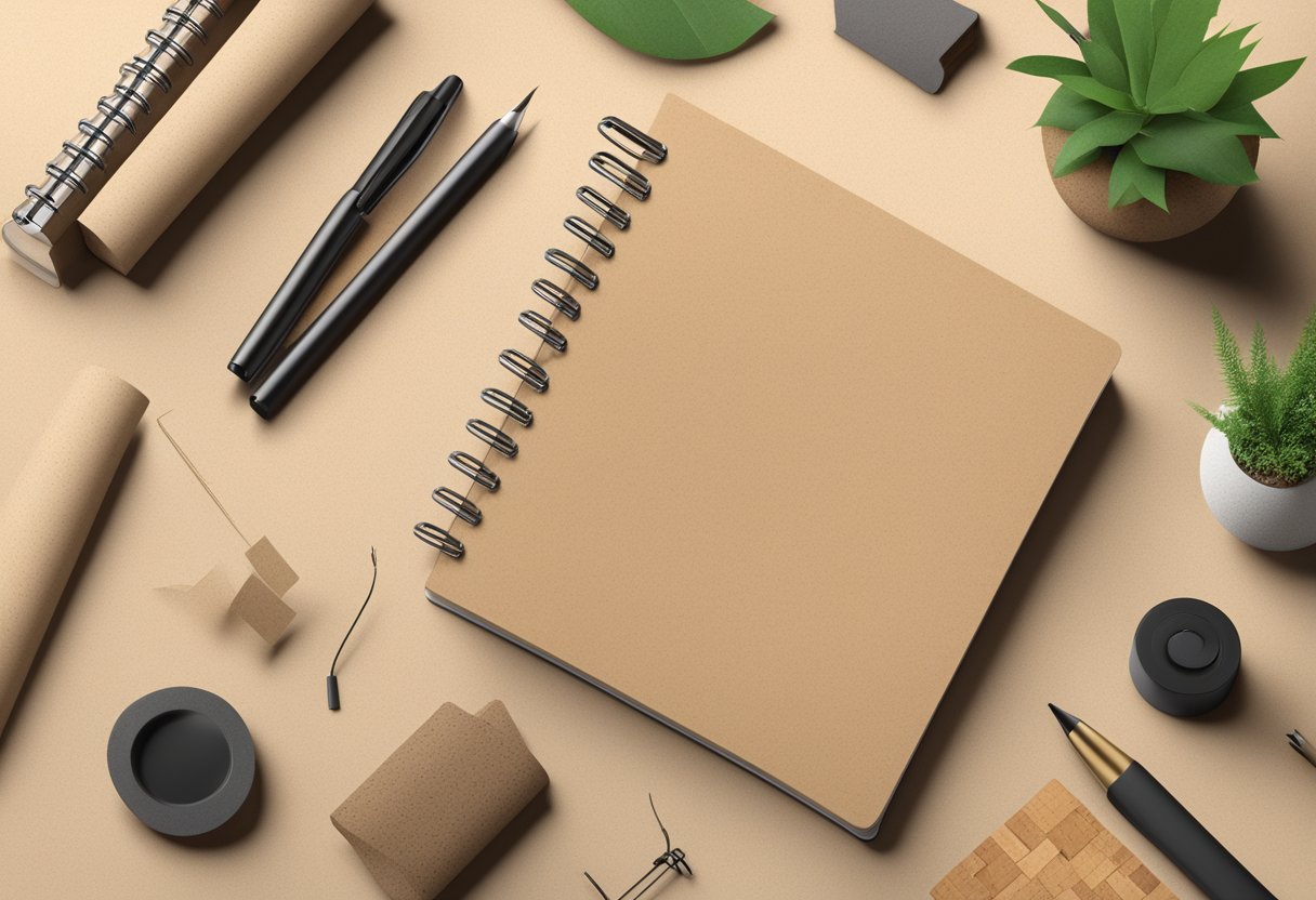 A sustainable notebook with recycled paper and a minimalist design, surrounded by eco-friendly materials like bamboo and cork