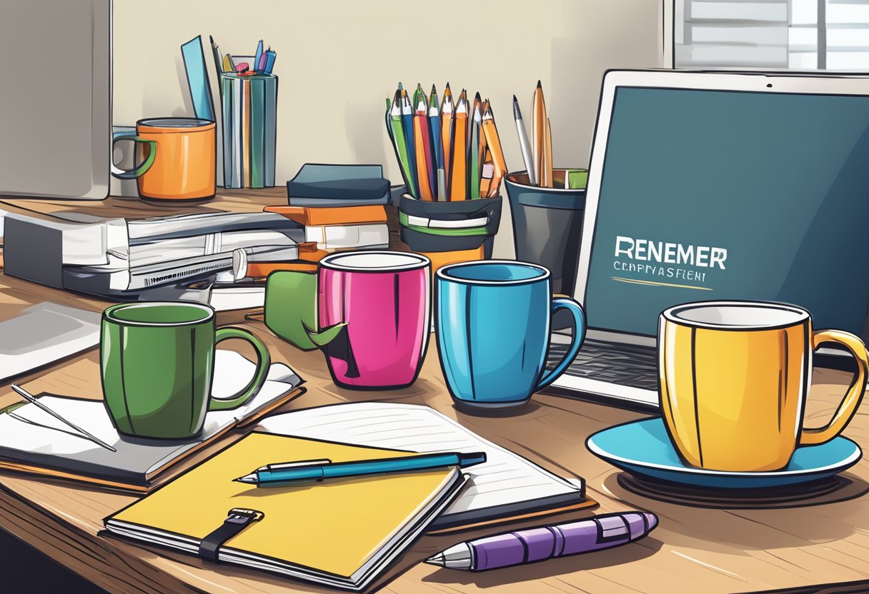 A table with branded gift items, such as mugs, notebooks, and pens, displayed in an office setting with a company logo in the background