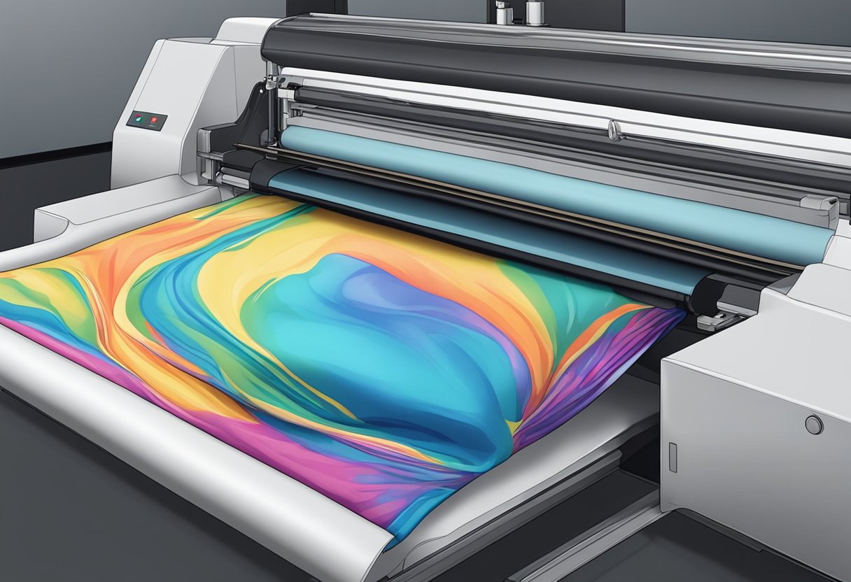 A tote bag being printed with no minimum order. Ink flowing onto the fabric, a printing machine in action