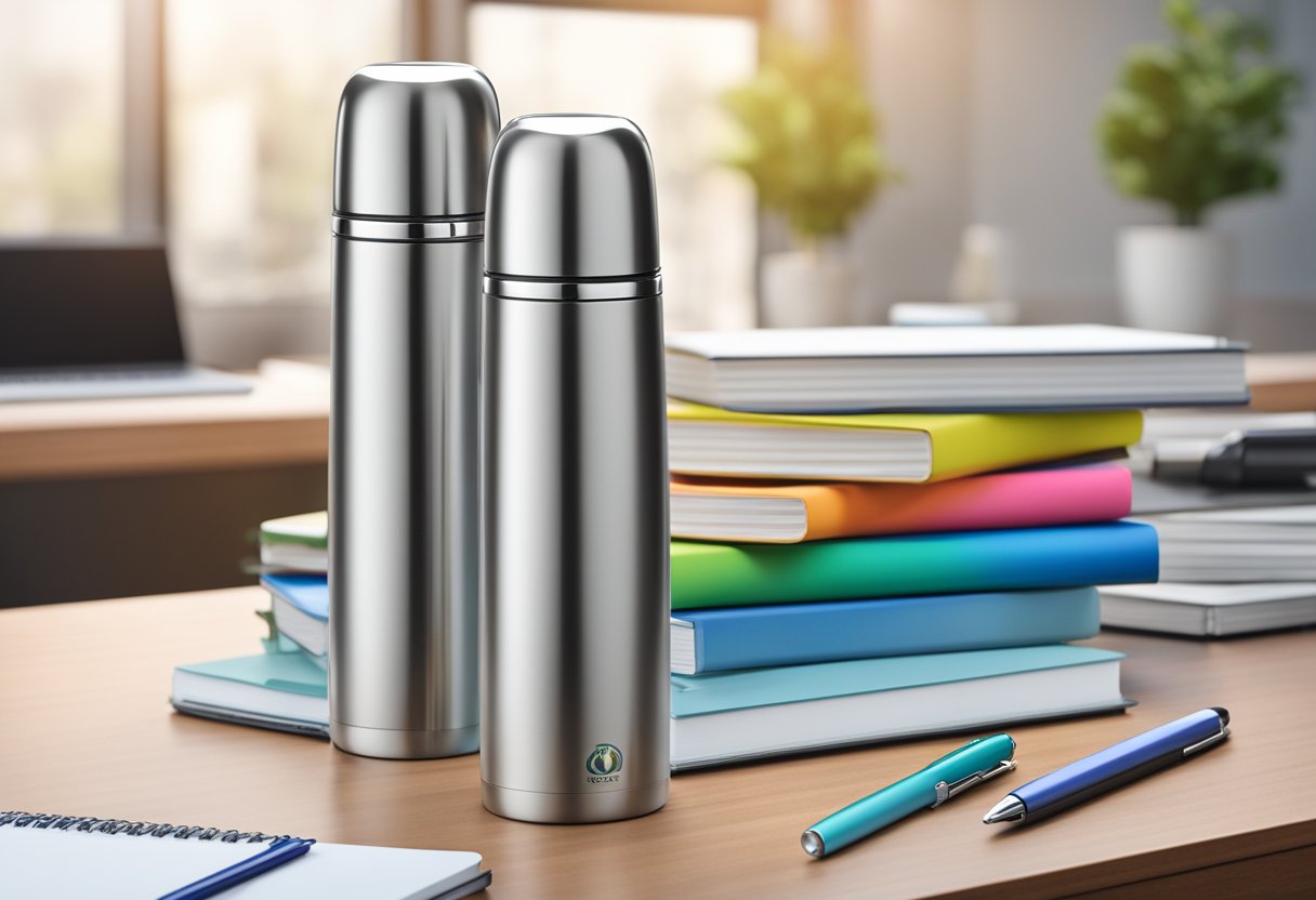 A sleek, silver thermal flask with a company logo sits on a polished desk next to a stack of branded notebooks and a pen