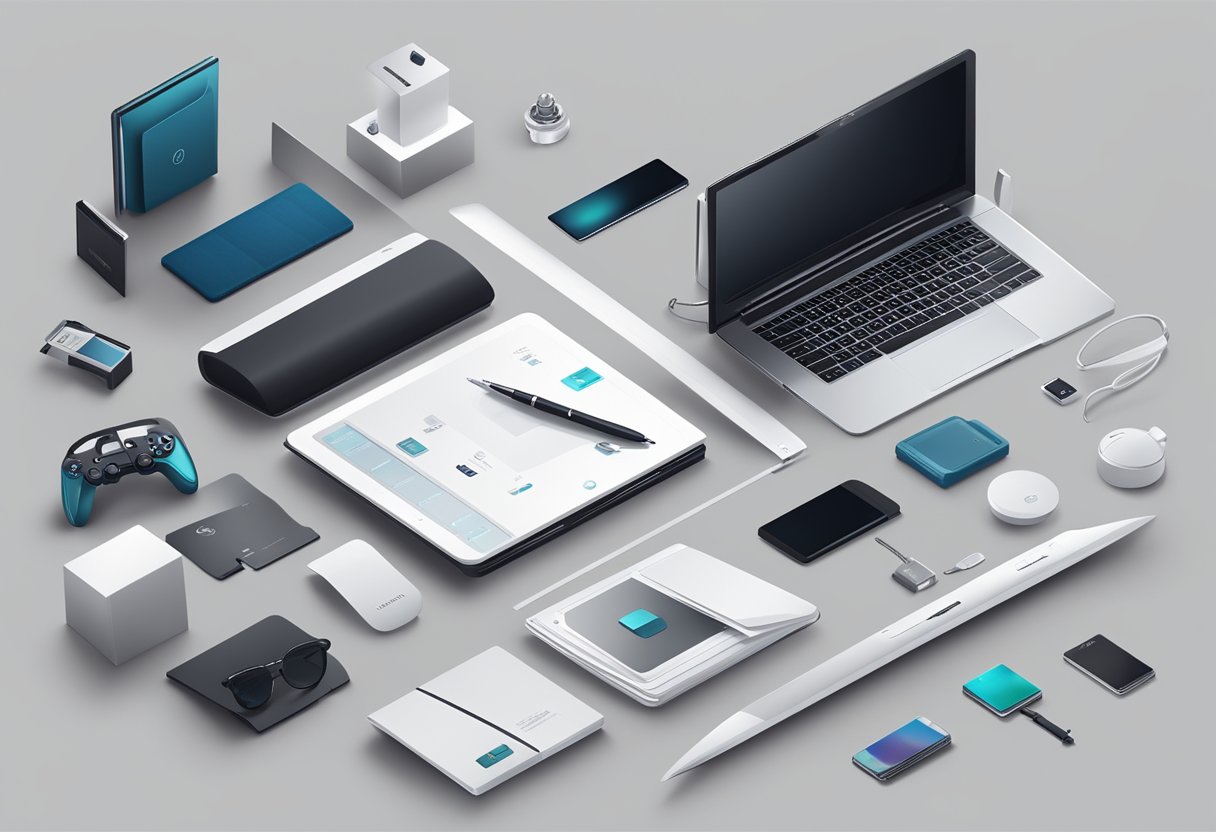 A table with branded tech gadgets, luxury office supplies, and stylish accessories. Company logos are prominently displayed on the items