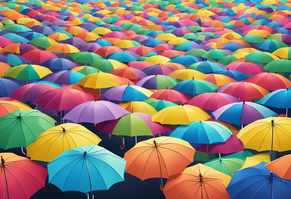 Colorful umbrellas stacked in rows, with a sign reading "Umbrella Wholesale" above. A bright, open space with natural lighting