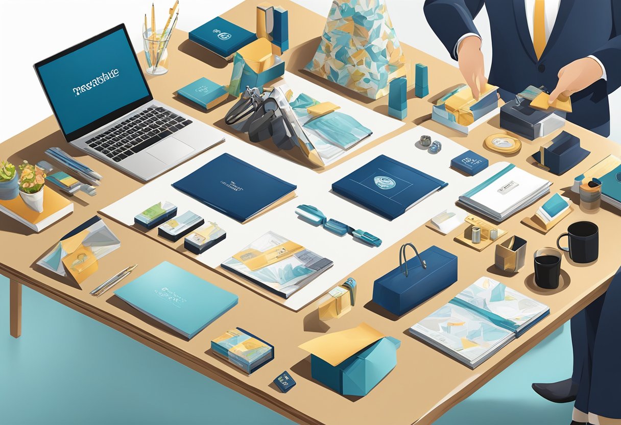 A table adorned with various corporate gifts, including branded items and luxury products, being carefully selected and arranged for a corporate gifting strategy
