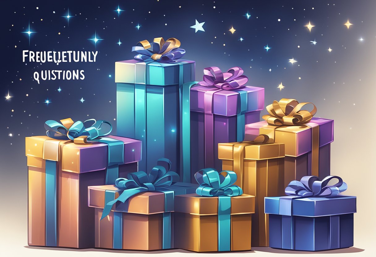 A starry LED torch light illuminates a stack of corporate gift boxes, with a "Frequently Asked Questions" label