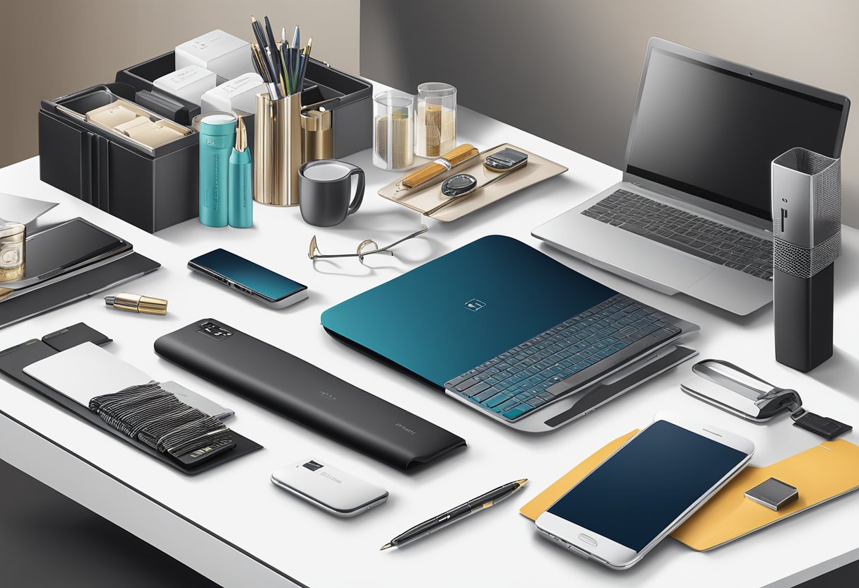 A table with branded tech accessories, luxury pens, and gourmet gift baskets displayed