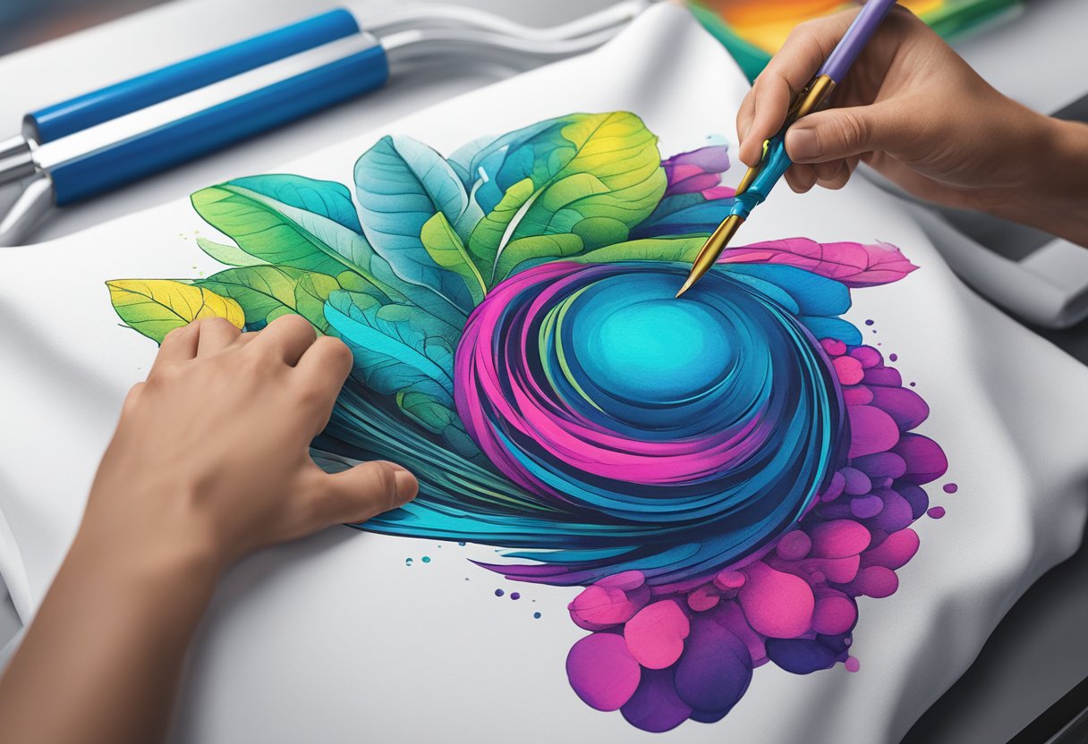 Vibrant ink being pressed onto a blank tote bag, using screen printing or heat transfer techniques