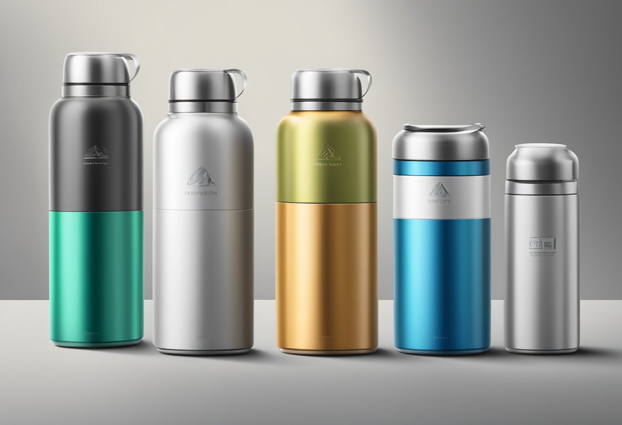 A table with various thermal flasks in different sizes and colors, displayed with corporate branding and packaging options