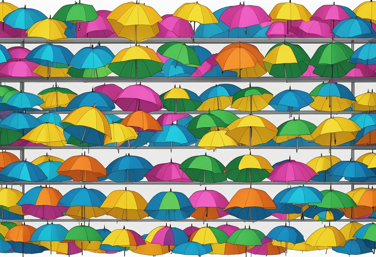 A warehouse filled with rows of colorful umbrellas stacked on shelves, ready for wholesale distribution