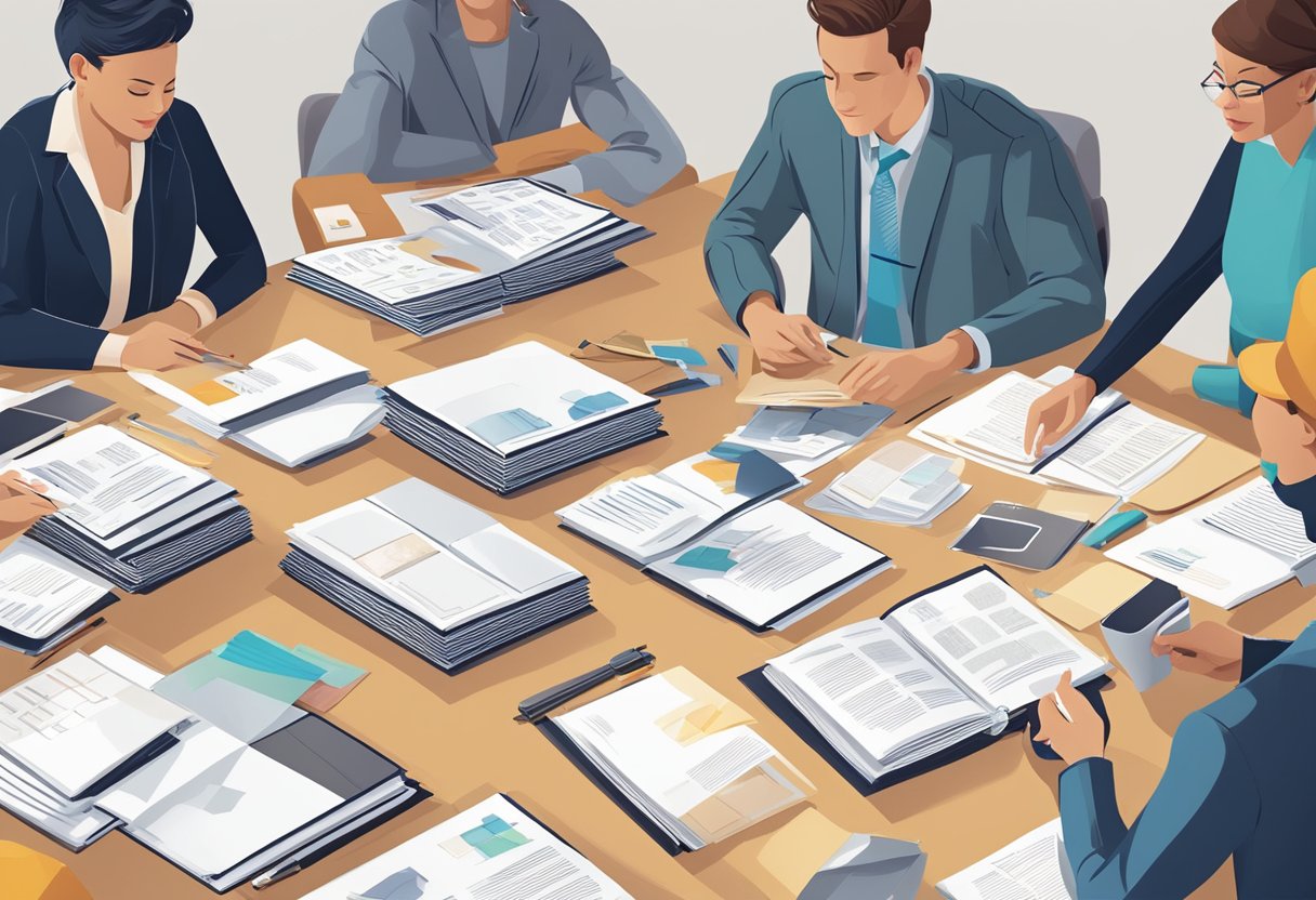 A group of professionals gathered around a table, discussing and brainstorming ideas for corporate gifts. A stack of brochures and samples is spread out in front of them, as they exchange ideas and take notes