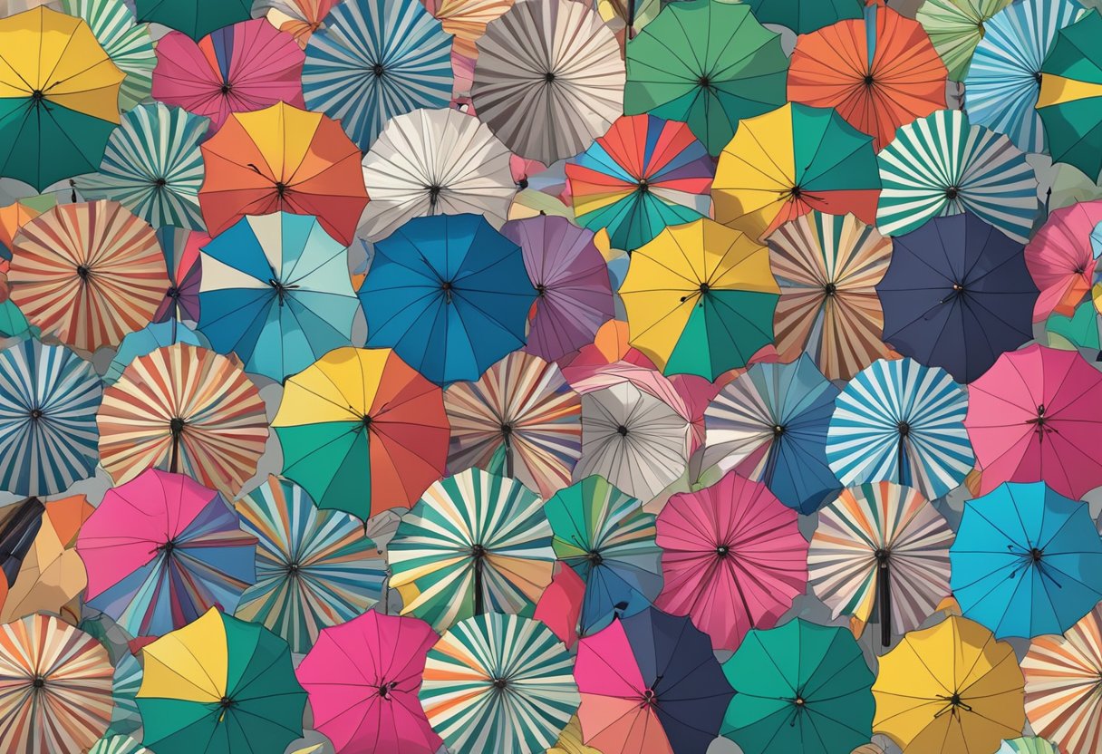 A hand reaches for a colorful umbrella from a display of wholesale umbrellas, surrounded by various designs and styles