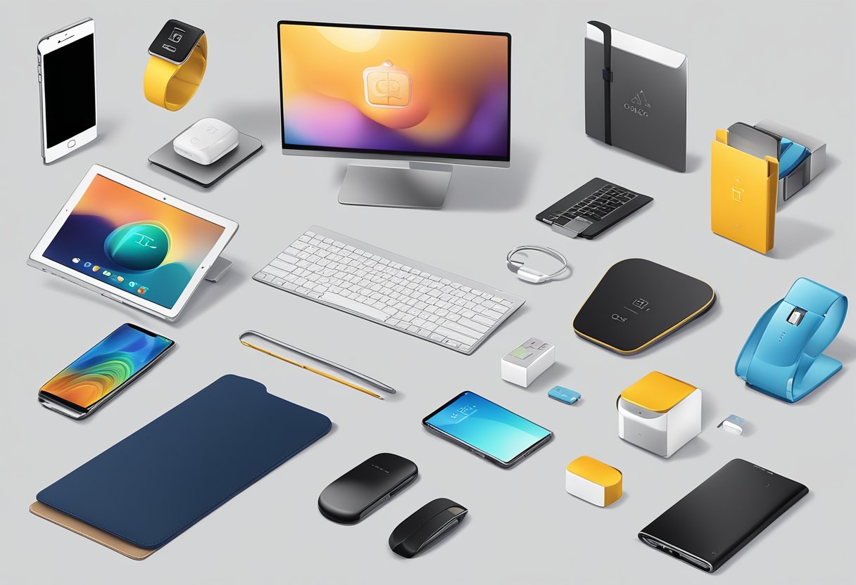 A table displaying branded tech gadgets, luxury items, and personalized gift sets for corporate clients