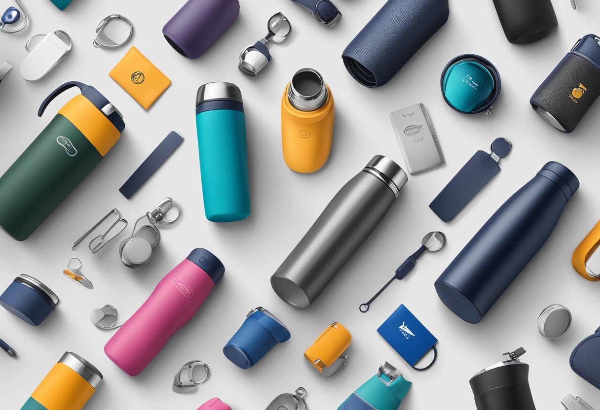 A sleek, modern thermal flask surrounded by a variety of branded corporate gifts, showcasing innovative features and a wide selection of brands