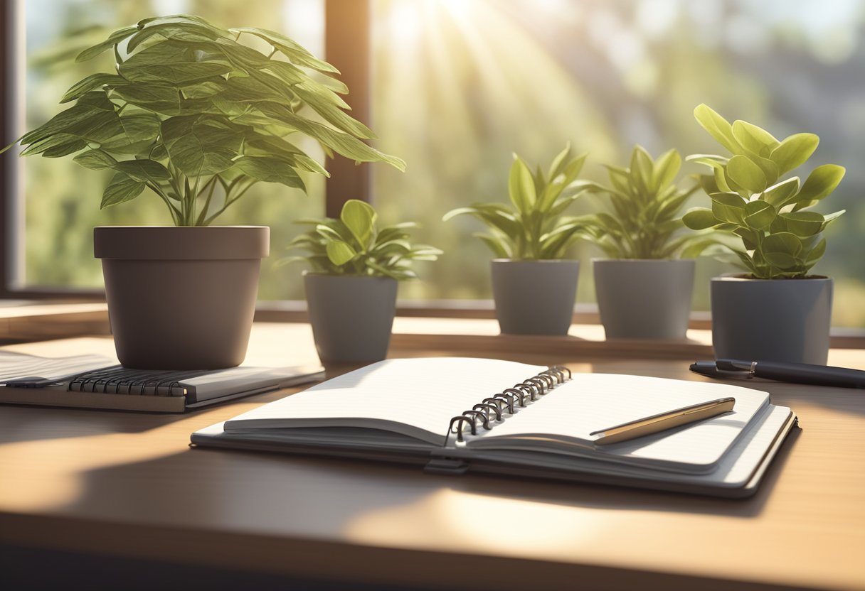 A sustainable notebook made from recycled materials sits on a desk next to a reusable water bottle and a potted plant. The sun shines through a nearby window, casting a warm glow on the eco-friendly scene