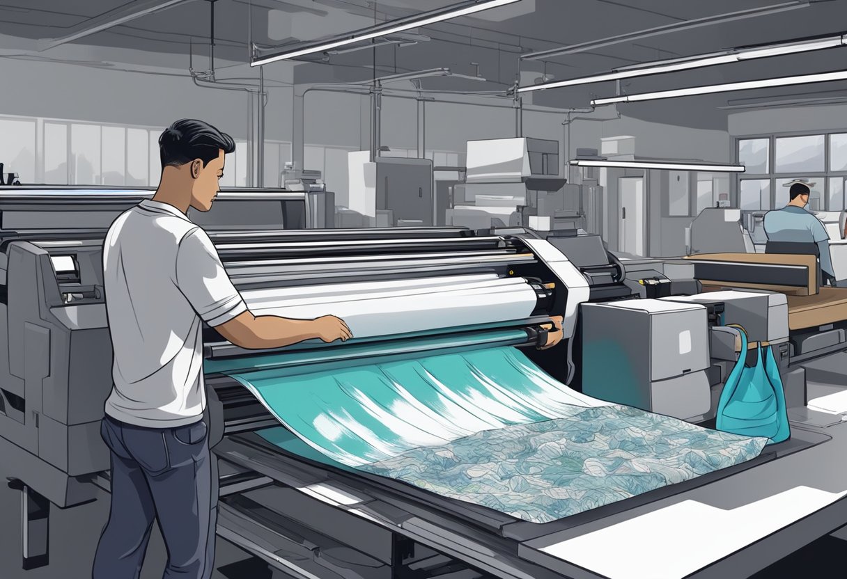 A printer feeds fabric through a machine, applying ink to create a custom tote bag design. Nearby, workers organize and package completed orders