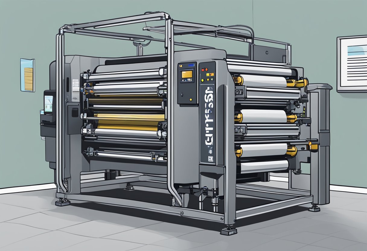 A tote bag printing machine in action, with the words "Frequently Asked Questions" being printed on a bag, no minimum quantity