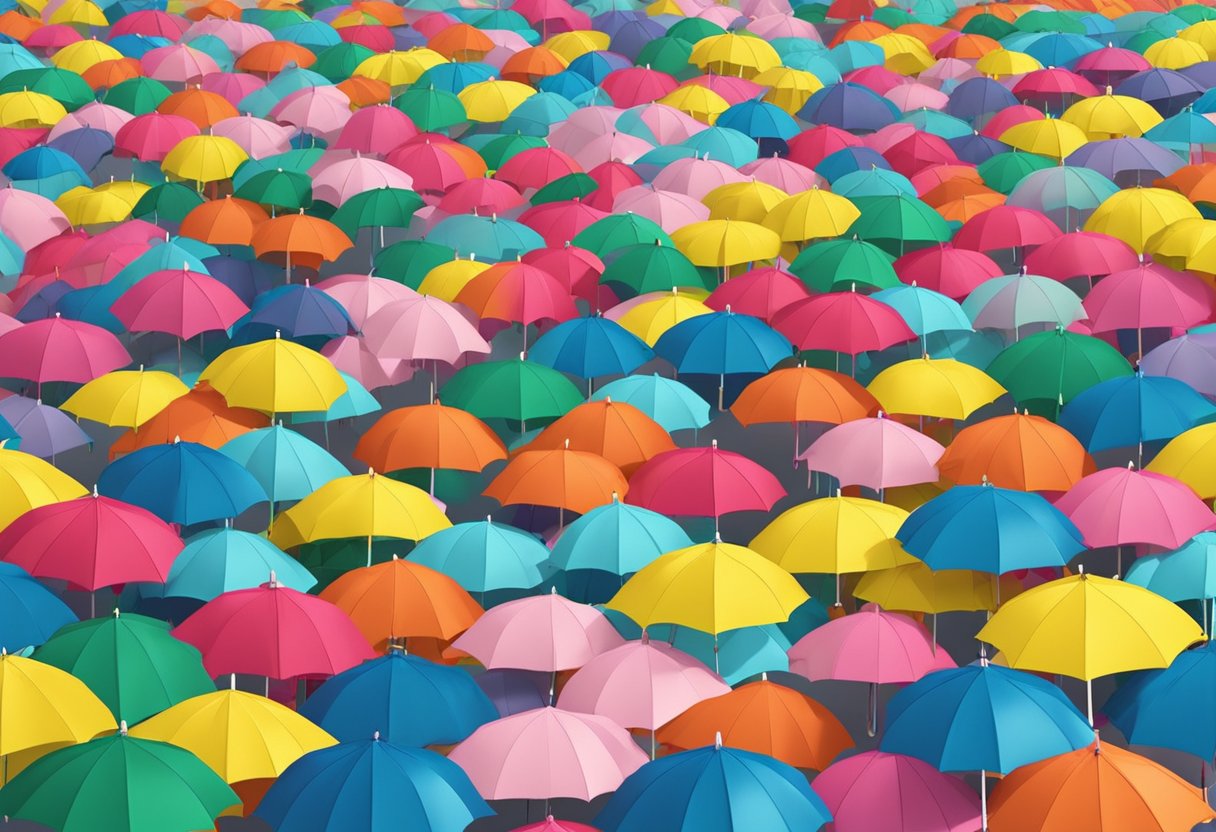 A stack of colorful umbrellas with "Frequently Asked Questions" printed on them, surrounded by wholesale tags and packaging