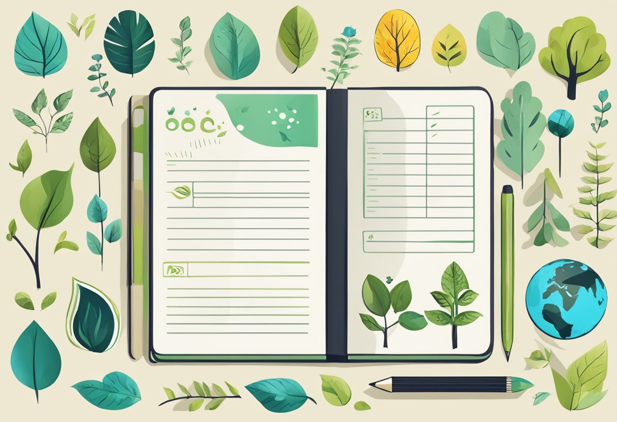 A sustainable notebook with a "Frequently Asked Questions" label surrounded by eco-friendly symbols and images of nature