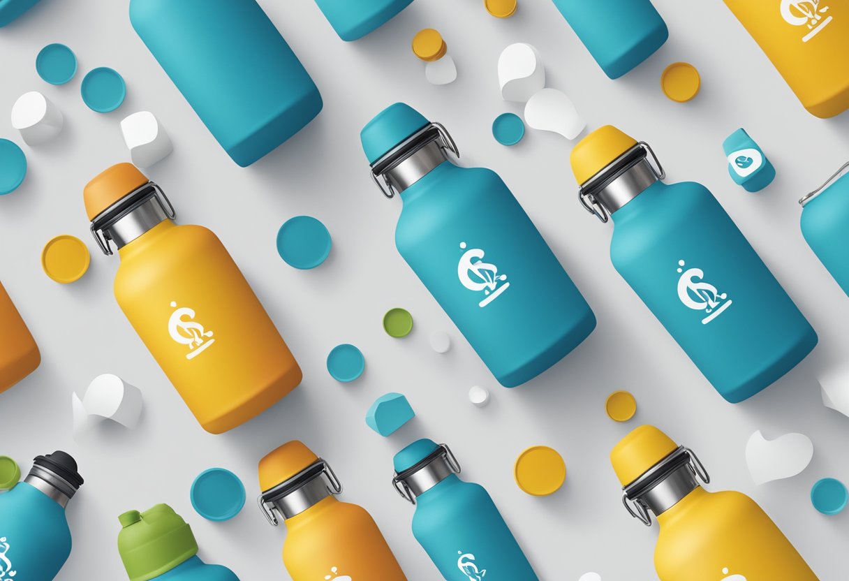A branded thermal flask surrounded by question marks, with a corporate logo on the front