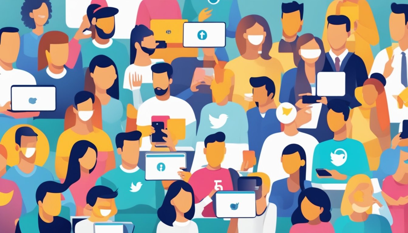 People engaging on Sosiale media, with phones and laptops, emojis and hashtags, representing connection and communication in the digital world