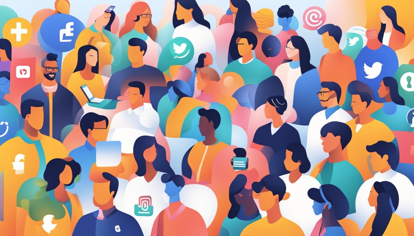 A diverse group of people using various social media platforms, with colorful icons and symbols floating around them