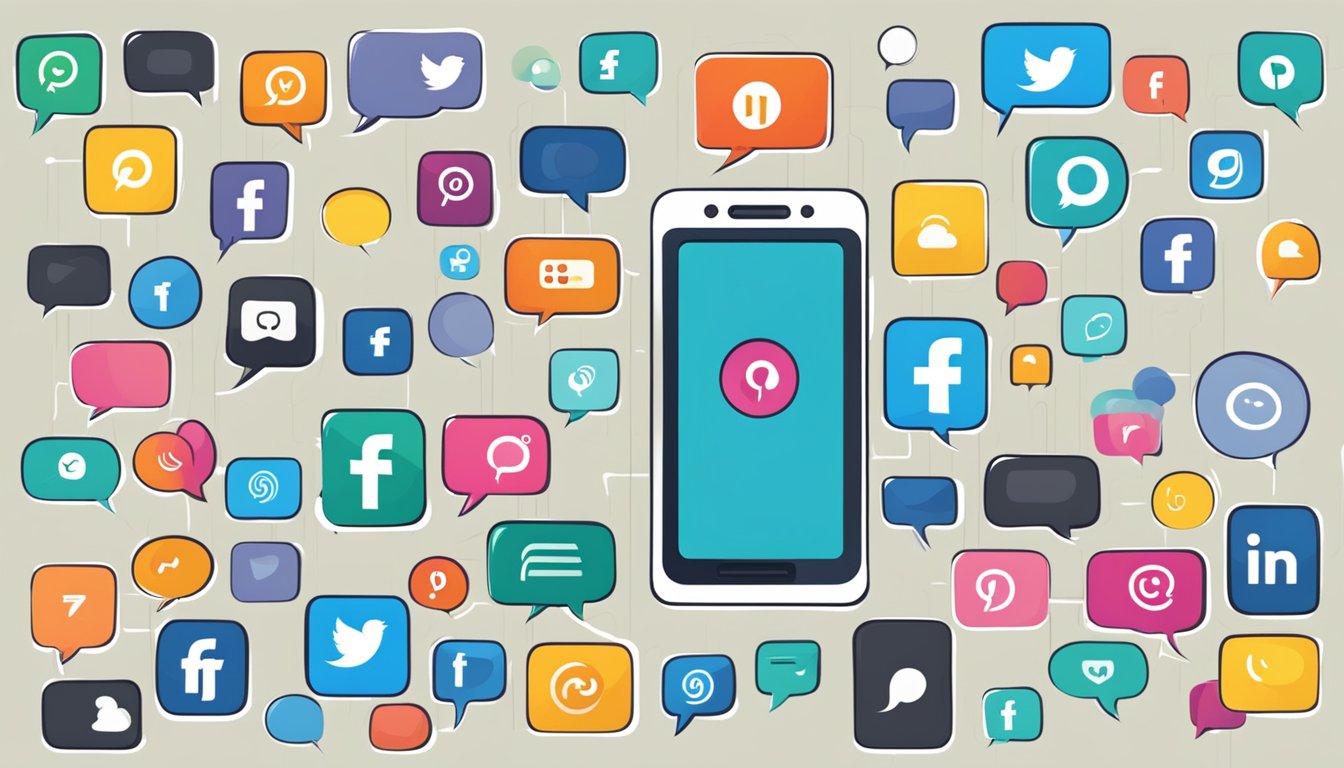 A smartphone with social media icons and speech bubbles, representing communication and interaction on social media platforms
