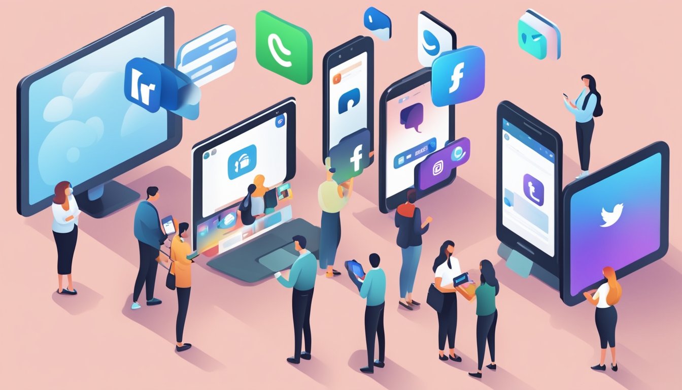 A group of people using social media platforms for business promotion, with logos and posts displayed on screens