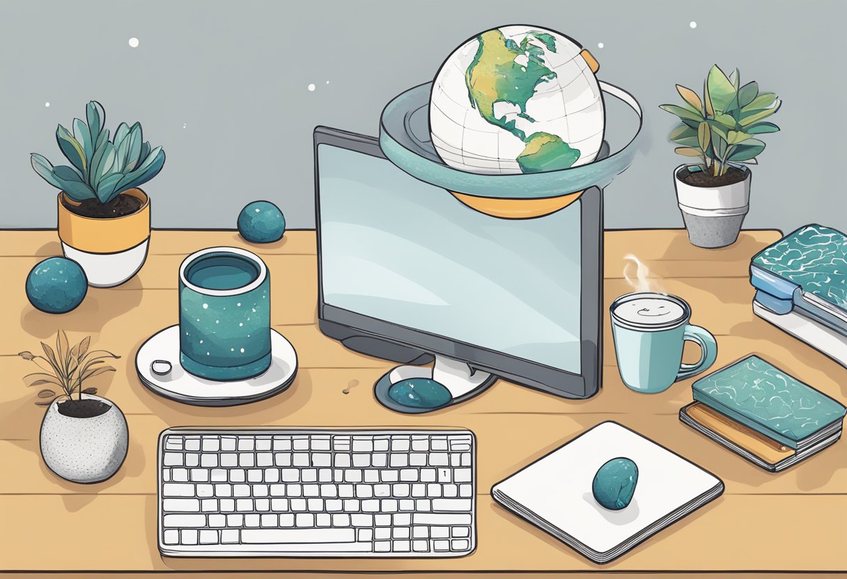 A desk covered in quirky gifts: a mini zen garden, a levitating globe, a puzzle mug, and a USB pet rock