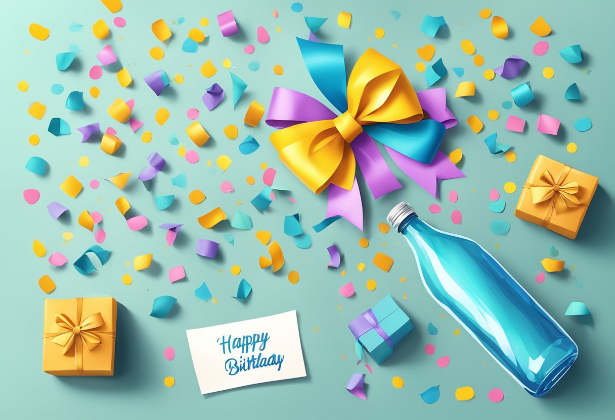 A water bottle wrapped in colorful paper with a bow on top, placed on a table surrounded by confetti and a "happy birthday" card