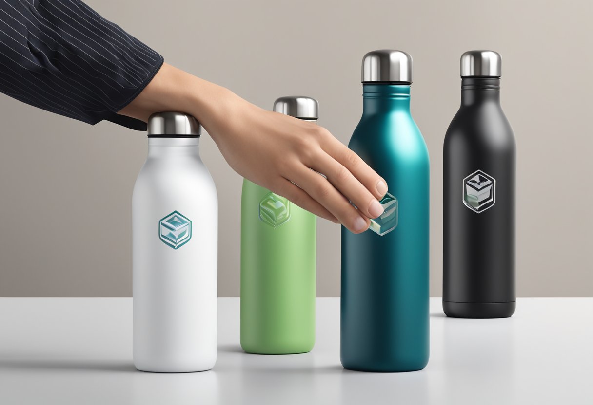 A hand reaches out to select a sleek, stainless steel water bottle from a display. The bottle is adorned with a minimalist logo and comes in a stylish gift box