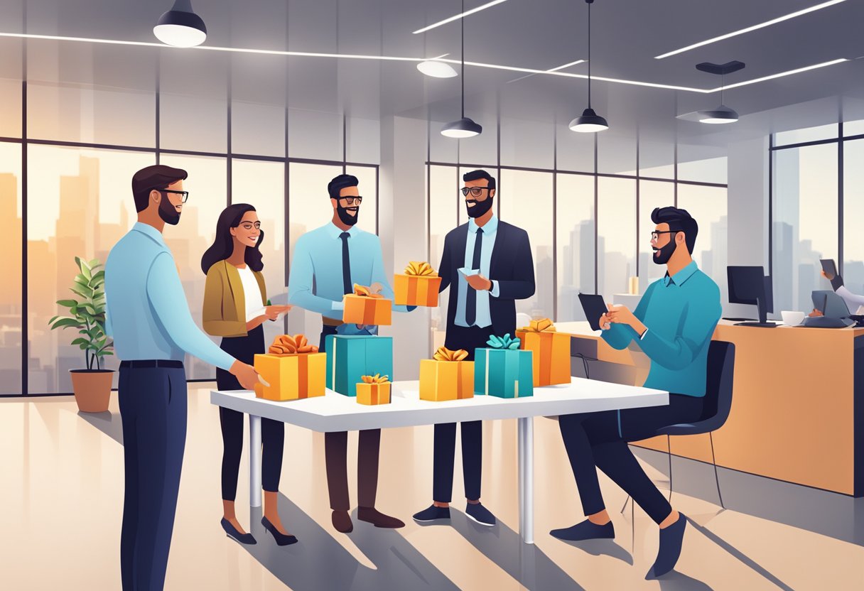 A group of young professionals exchanging branded gifts in a modern office setting