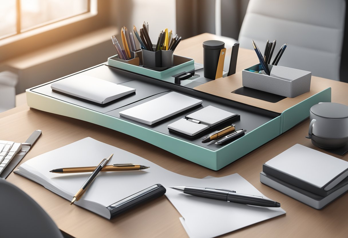 A desk with a sleek corporate gift organizer holding pens, placed on a clean, organized surface in a professional setting