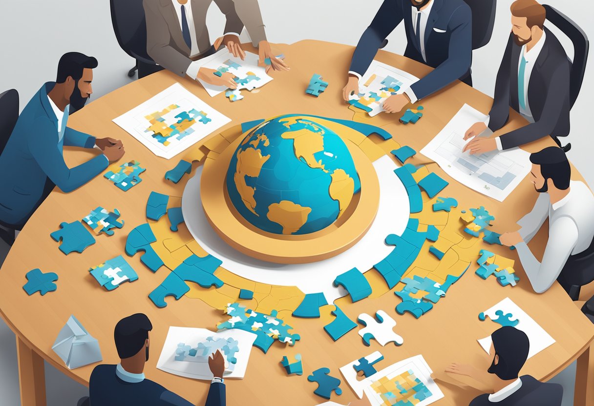 A wooden ball puzzle sits on a sleek desk, next to a branded company logo. Colleagues gather around, attempting to solve the intricate design
