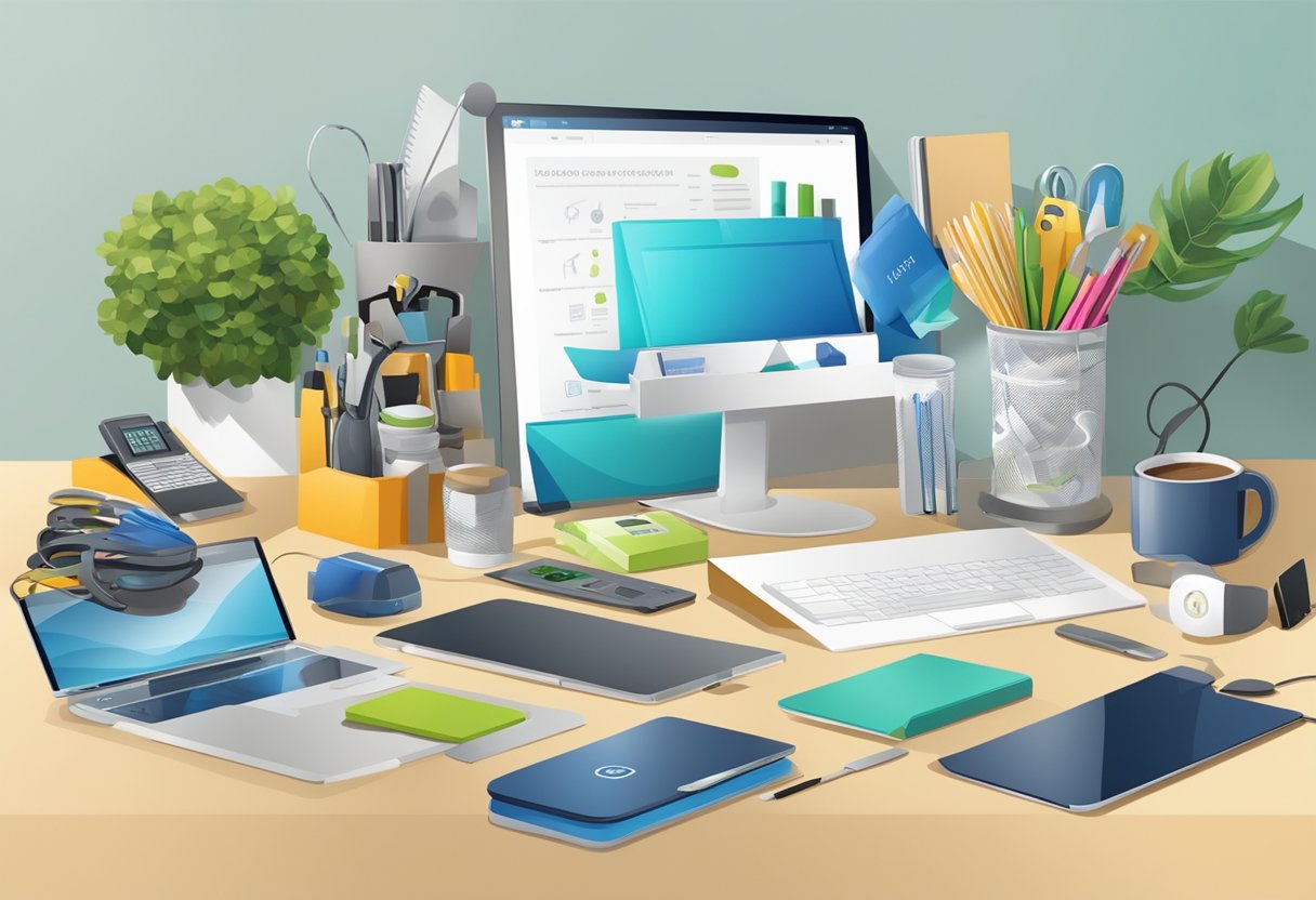 A table with a variety of unique corporate gifts, including personalized tech gadgets, eco-friendly office supplies, and gourmet gift baskets