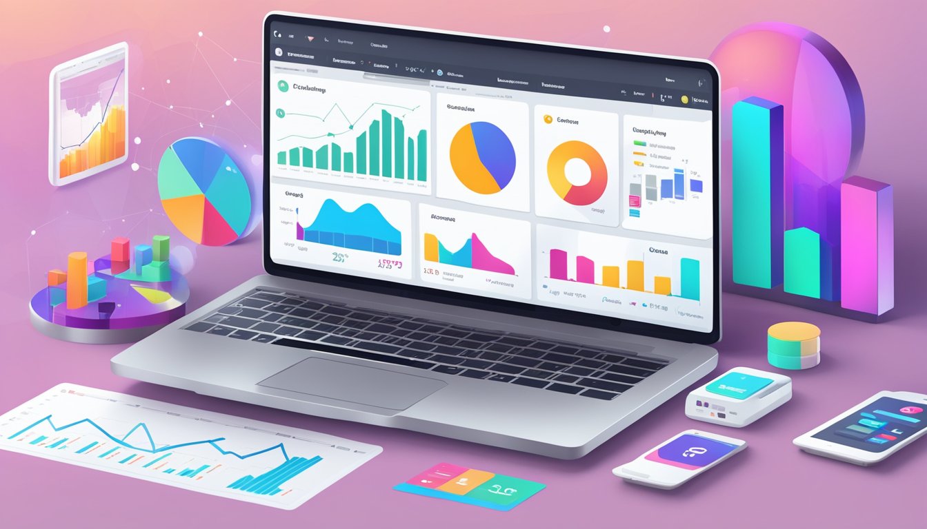 A laptop displaying social media analytics charts and graphs