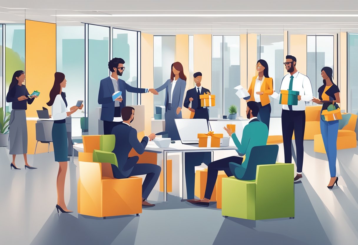 A group of young professionals exchanging branded gifts in a modern office setting