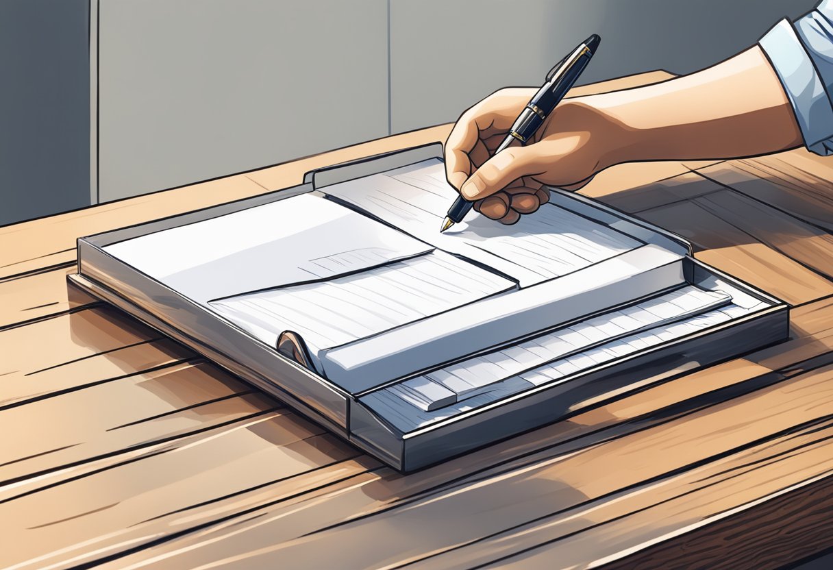 A hand reaches for a sleek corporate gift organizer with a pen, displayed on a polished wooden table in a well-lit office setting