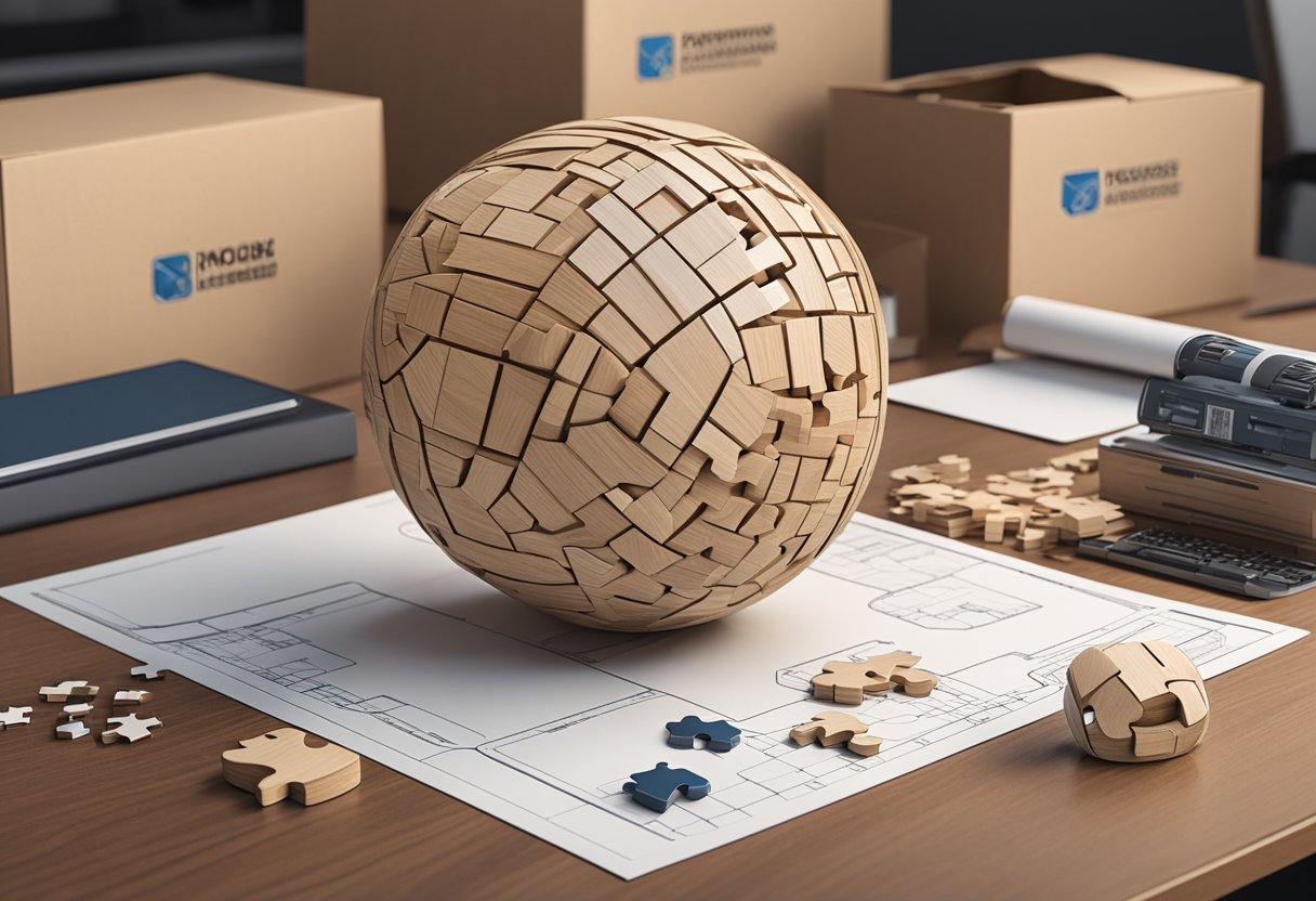 A wooden ball puzzle sits on a sleek corporate desk, surrounded by branded packaging and shipping materials ready for distribution