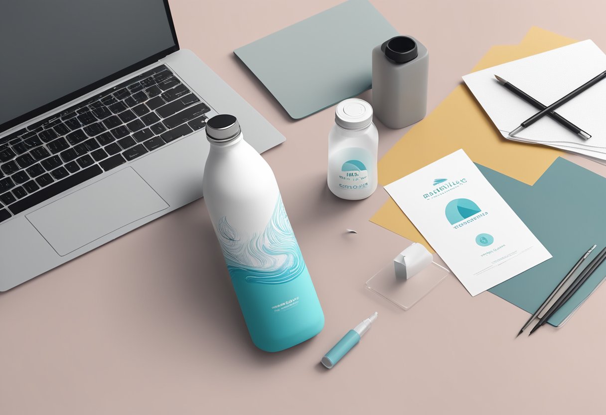 A water bottle with a blank label sits on a table surrounded by various design elements and branding materials