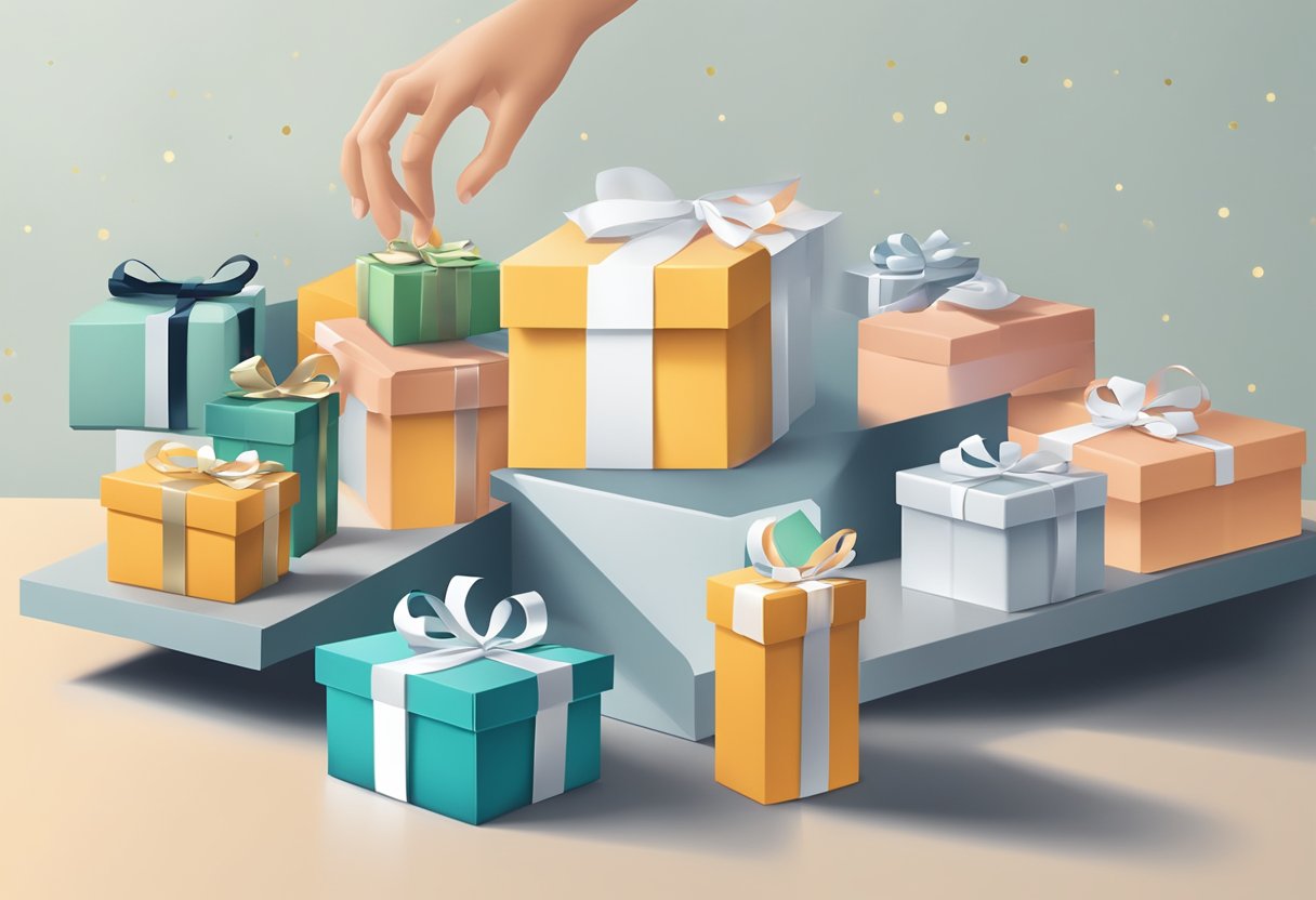 A hand reaching for a sleek, modern corporate gift box on a display table, surrounded by other gift options