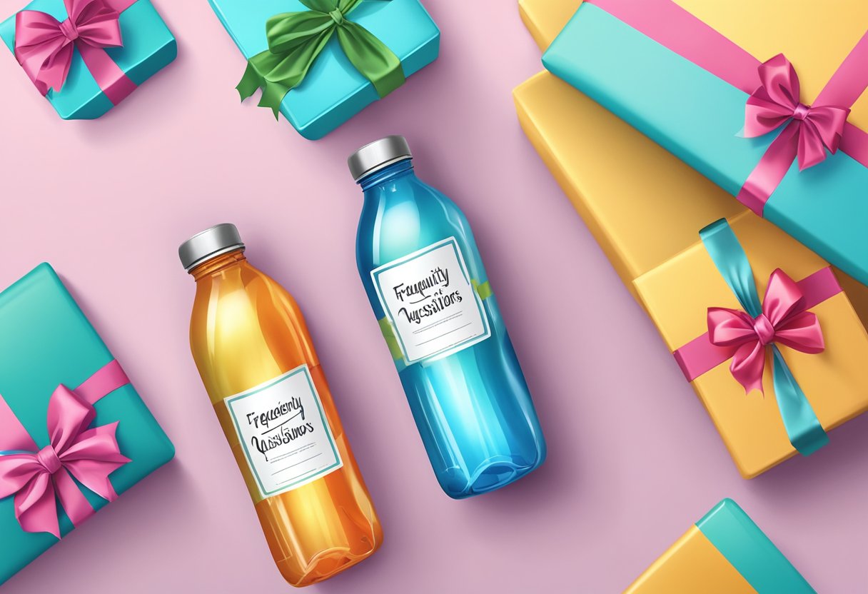 A water bottle with "Frequently Asked Questions" printed on the label, surrounded by colorful gift wrapping and a decorative bow