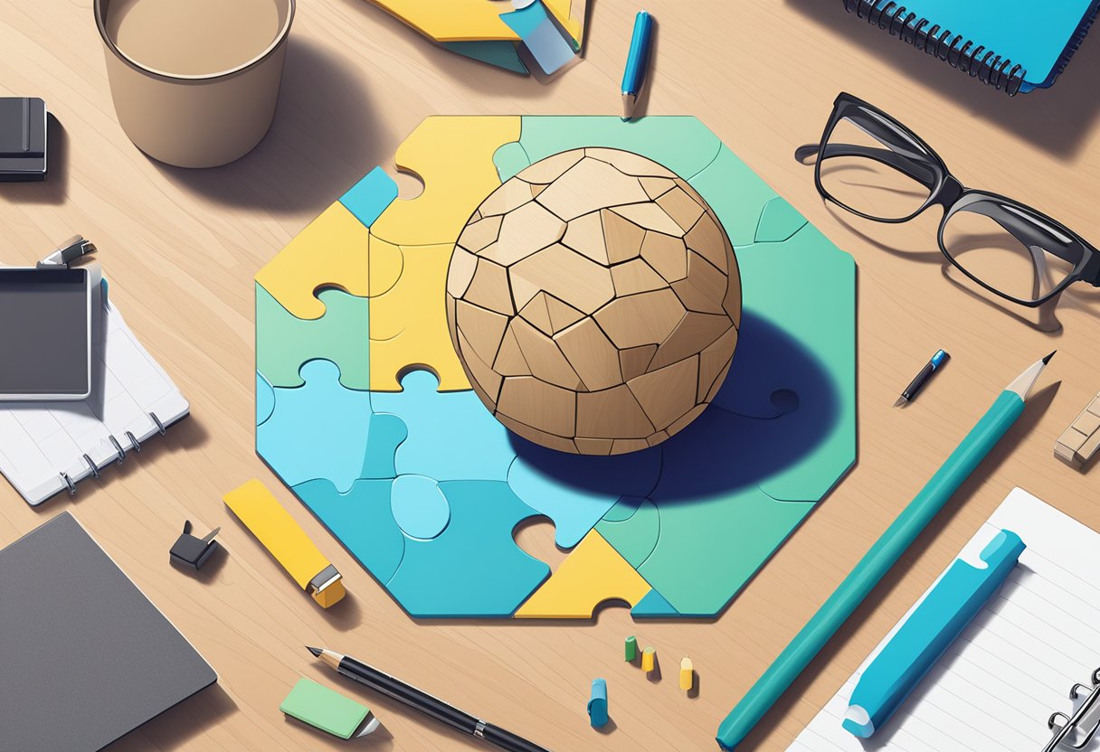 A wooden ball puzzle sits on a sleek corporate desk, surrounded by neatly arranged office supplies and a branded notepad