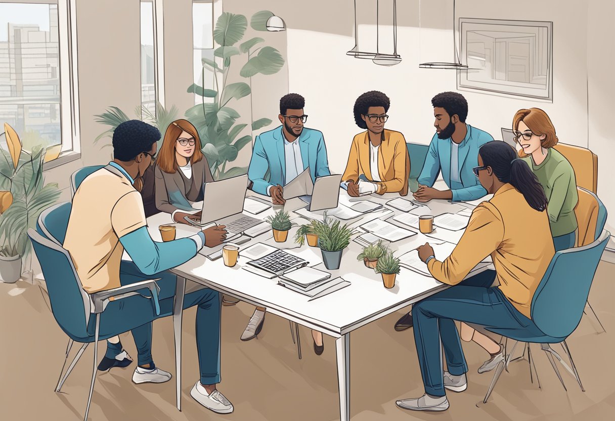 A group of young professionals gather around a table, exchanging corporate gifts and discussing frequently asked questions