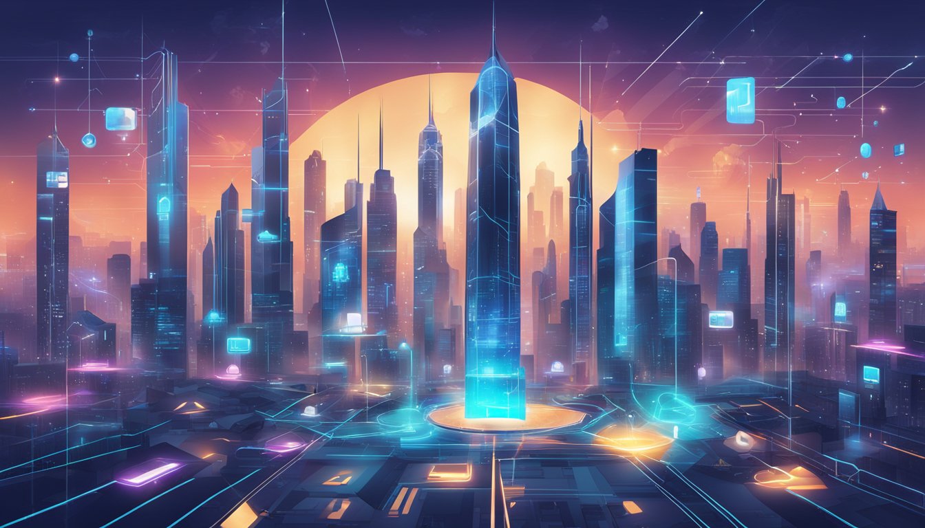 A futuristic cityscape with digital screens displaying social media icons and data, surrounded by potential and challenges