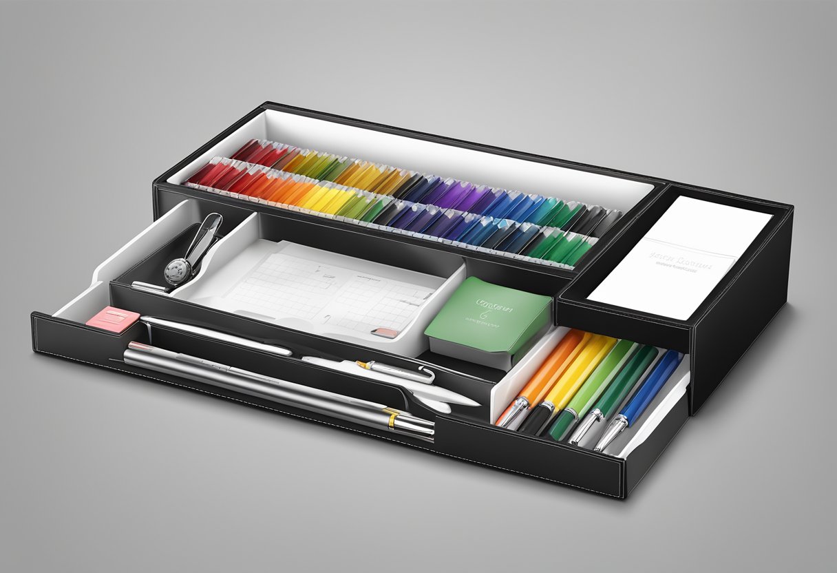 A desk with a corporate gift organizer, featuring compartments for pens and other items, displayed prominently for easy access