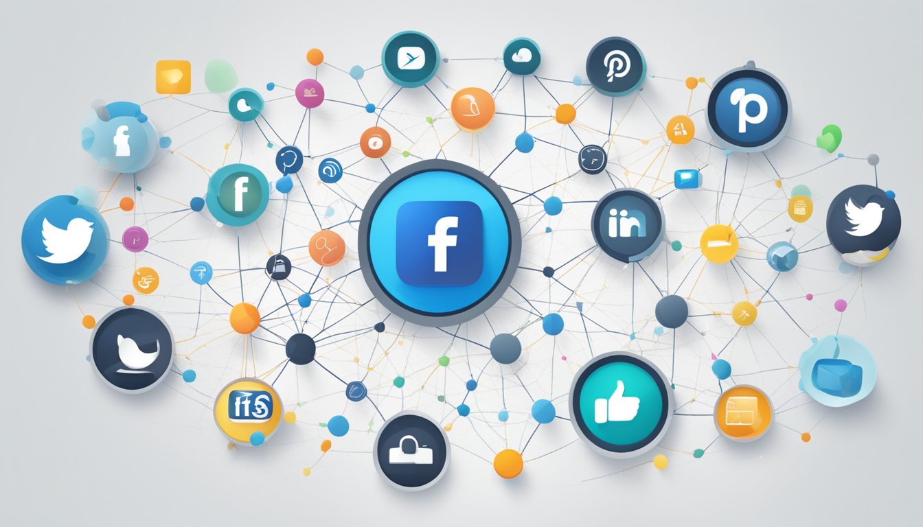 A network of interconnected platforms with various icons and features, representing the structures and functions of social media