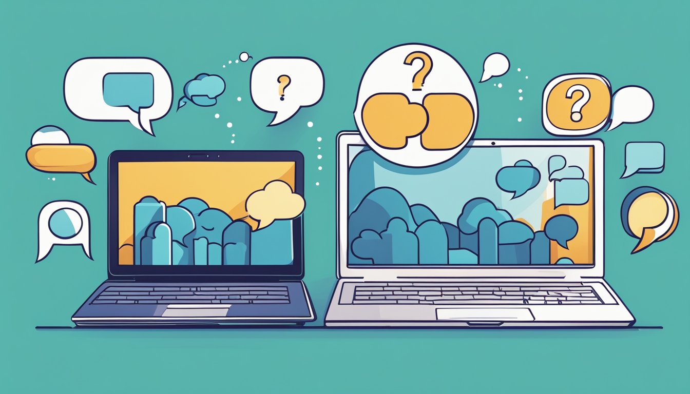A laptop and smartphone surrounded by speech bubbles with question marks, representing social media FAQ