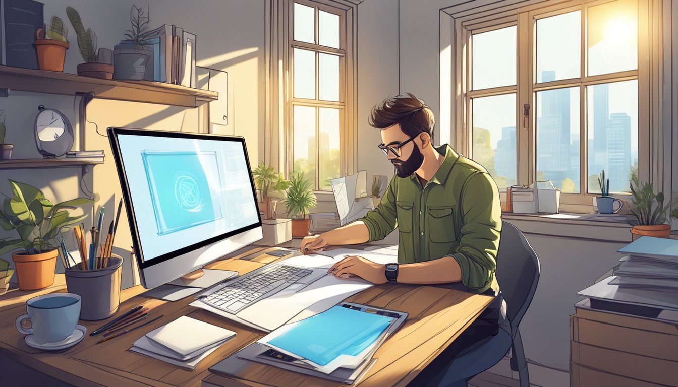 A grafiske designere creating a logo with a computer and drawing tablet on a cluttered desk. Bright natural light streams in through a window, illuminating the workspace